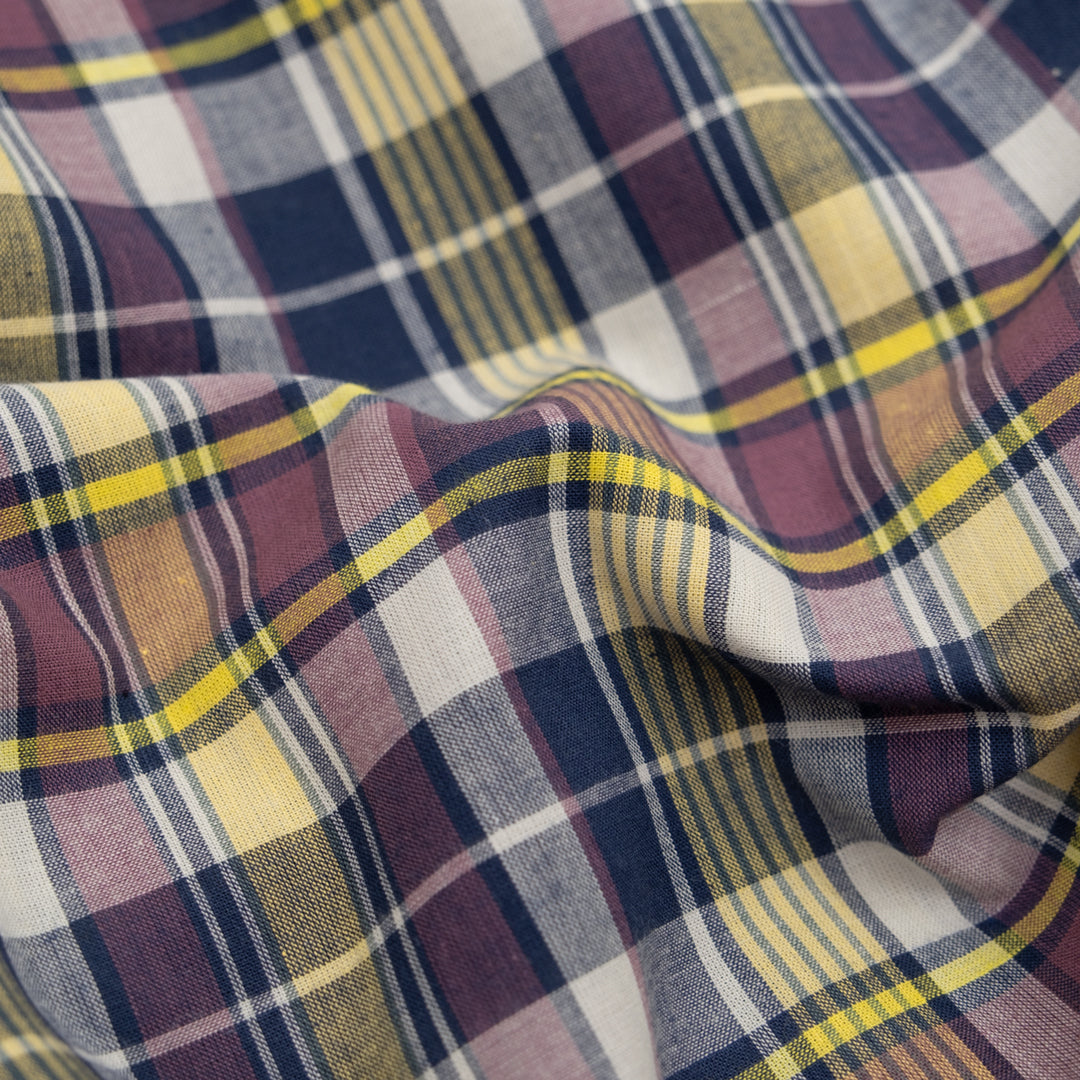 Retrograde Plaid Cotton Shirting - Navy/Lemon/Raisin | Blackbird Fabrics