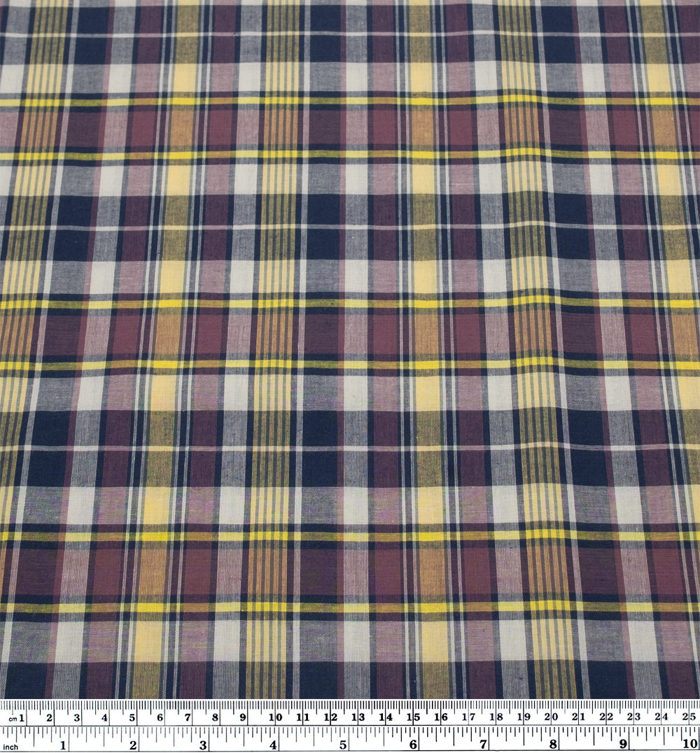 Retrograde Plaid Cotton Shirting - Navy/Lemon/Raisin | Blackbird Fabrics
