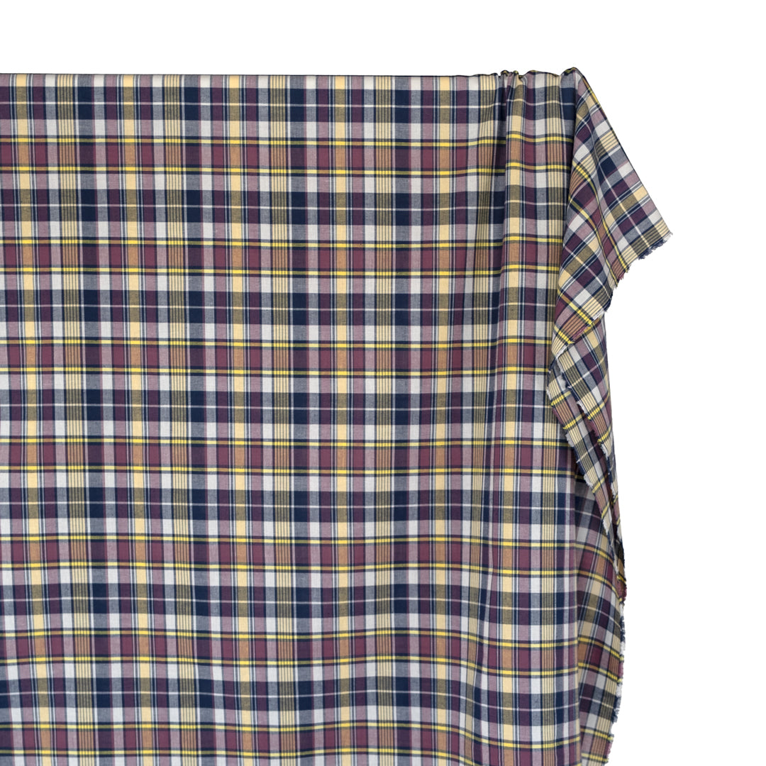 Retrograde Plaid Cotton Shirting - Navy/Lemon/Raisin | Blackbird Fabrics