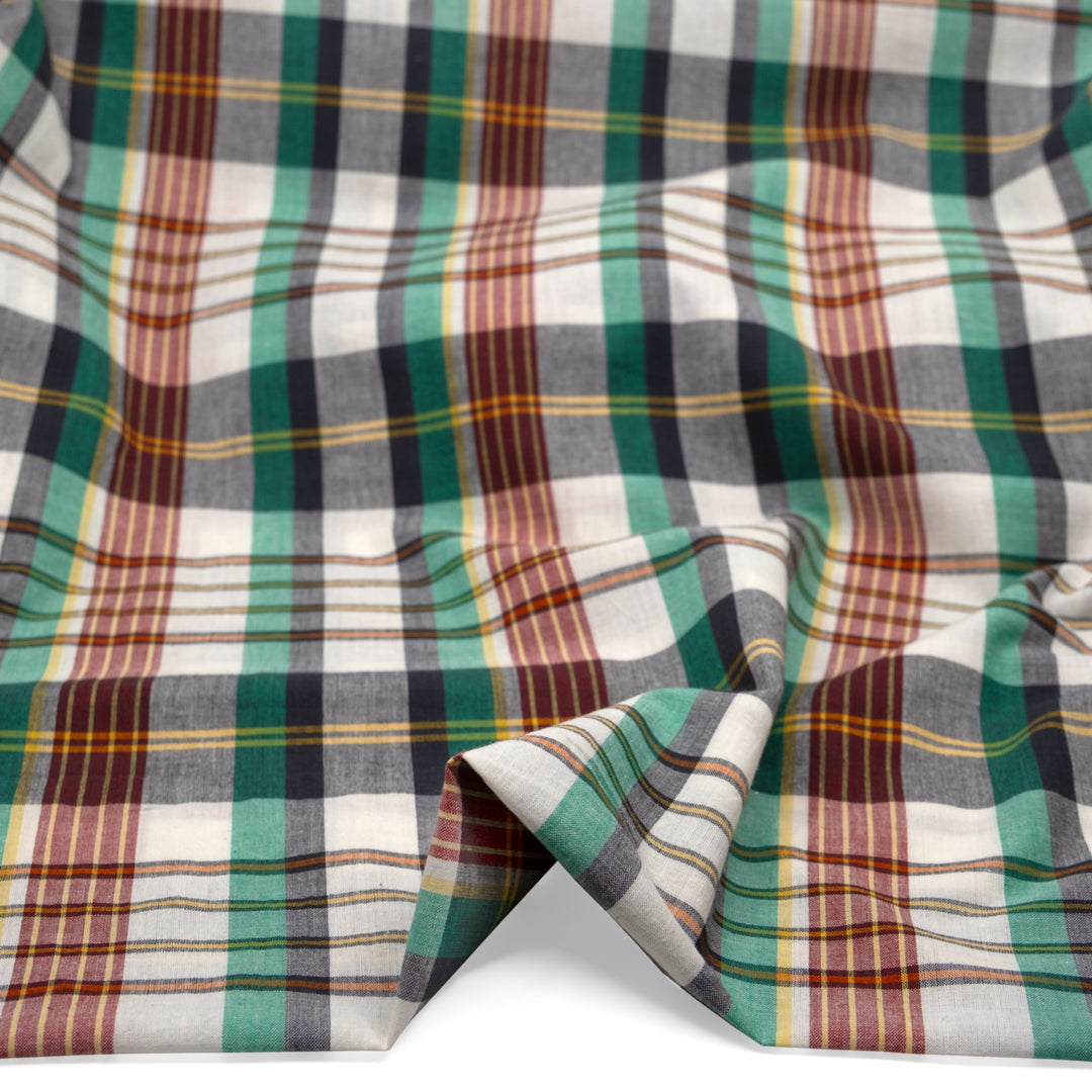 Daylight Plaid Cotton Shirting - White/Viridian/Charcoal | Blackbird Fabrics