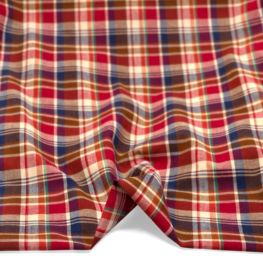 Daylight Plaid Cotton Shirting - Cherry/Nutshell/Navy | Blackbird Fabrics