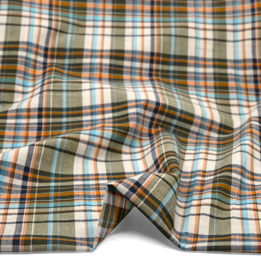 Daylight Plaid Cotton Shirting - Ivory/Seaweed/Aqua | Blackbird Fabrics
