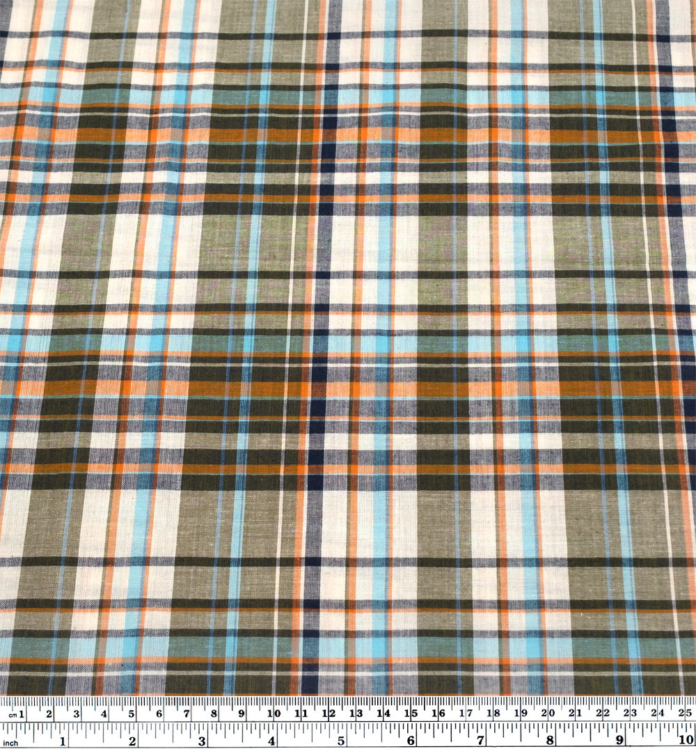 Daylight Plaid Cotton Shirting - Ivory/Seaweed/Aqua | Blackbird Fabrics