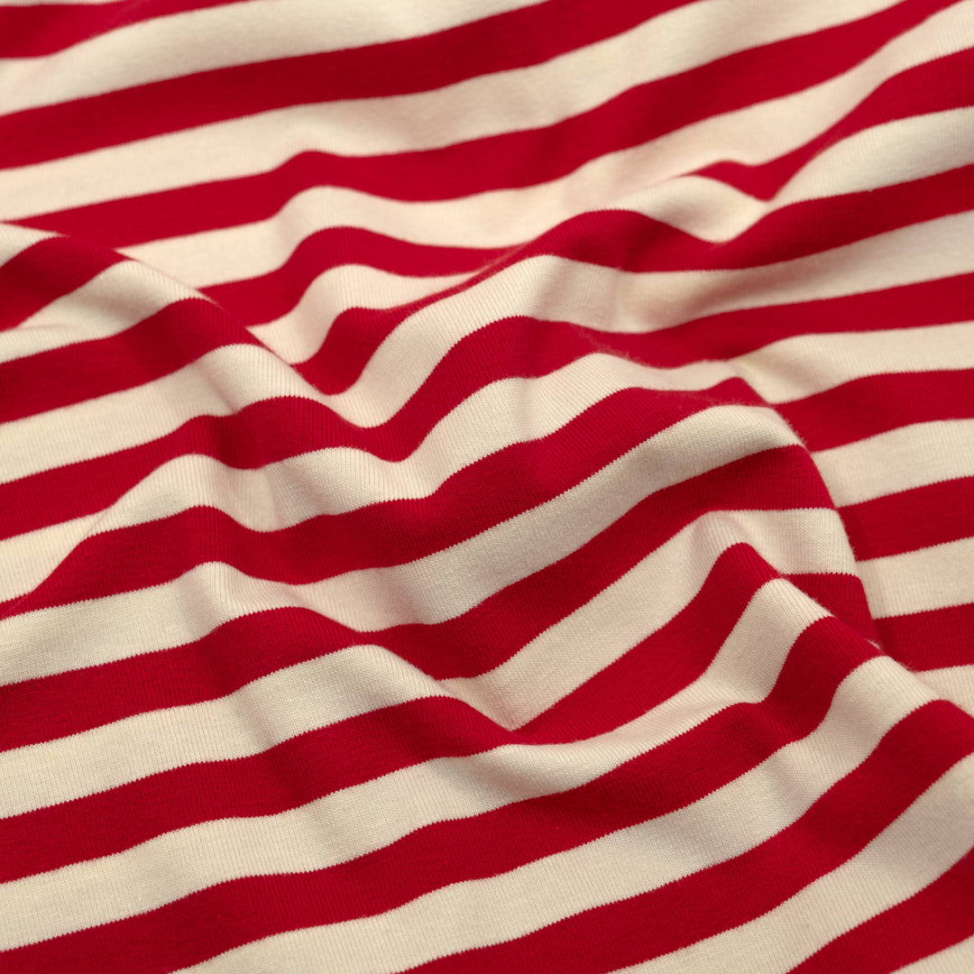 Sport Stripe Cotton Jersey - Ivory/Poppy | Blackbird Fabrics