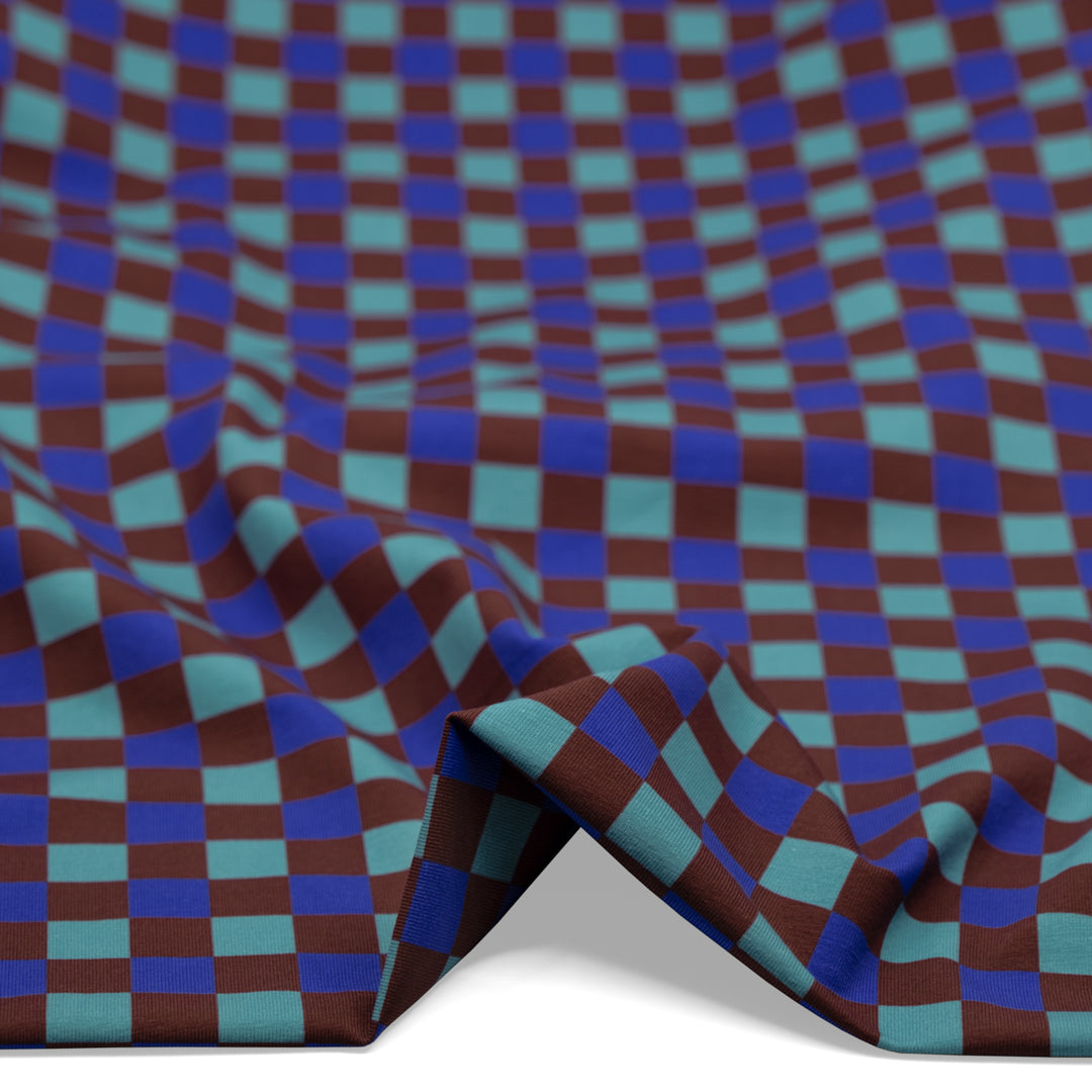 Disco Check Organic Cotton Jersey - Maroon/Lapis | Blackbird Fabrics