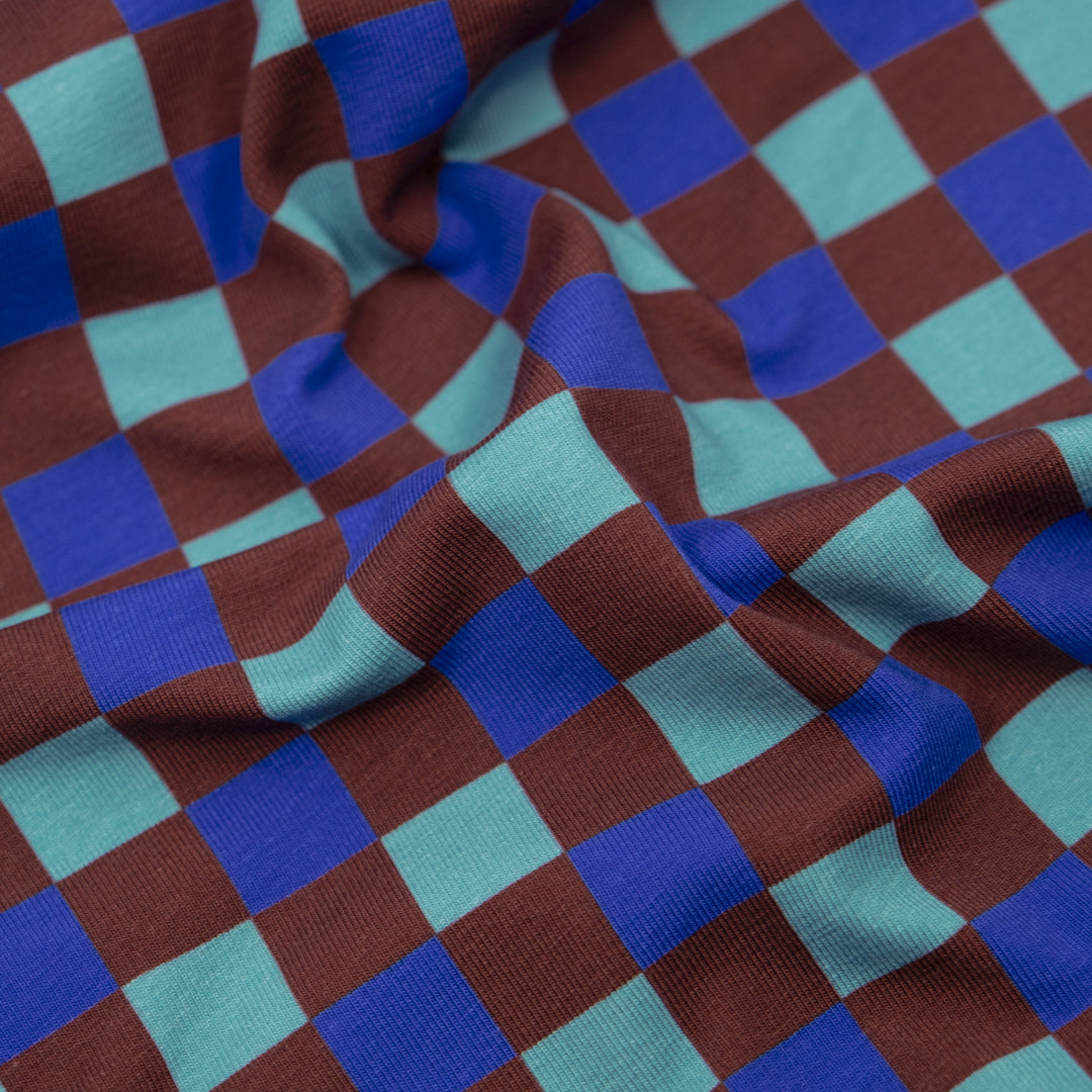 Disco Check Organic Cotton Jersey - Maroon/Lapis | Blackbird Fabrics