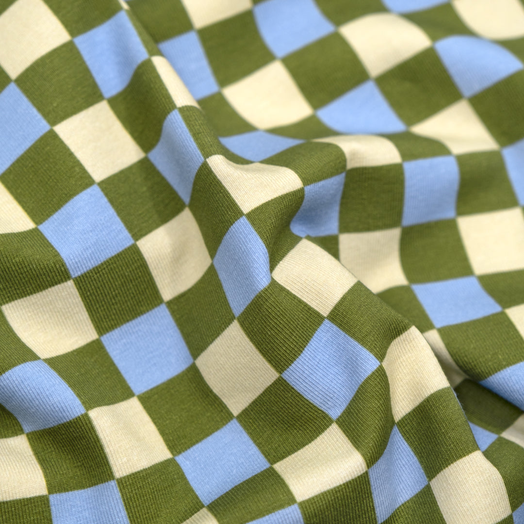 Disco Check Organic Cotton Jersey - Pickle/Sky Blue | Blackbird Fabrics