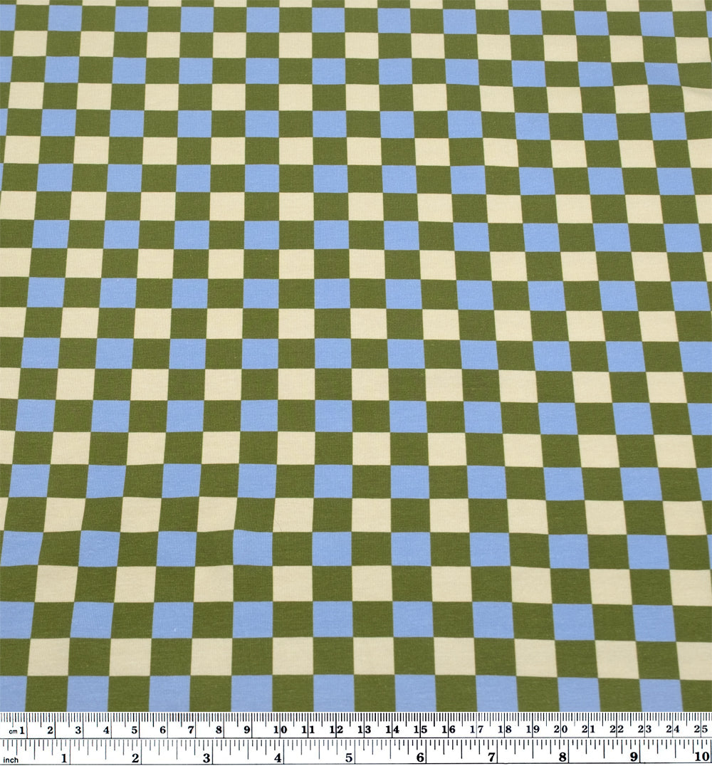 Disco Check Organic Cotton Jersey - Pickle/Sky Blue | Blackbird Fabrics