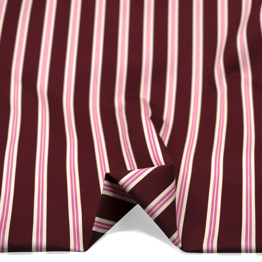 Bistro Stripe Printed Cotton Twill - Merlot/Gumdrop | Blackbird Fabrics