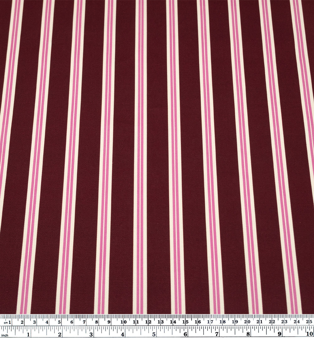 Bistro Stripe Printed Cotton Twill - Merlot/Gumdrop | Blackbird Fabrics