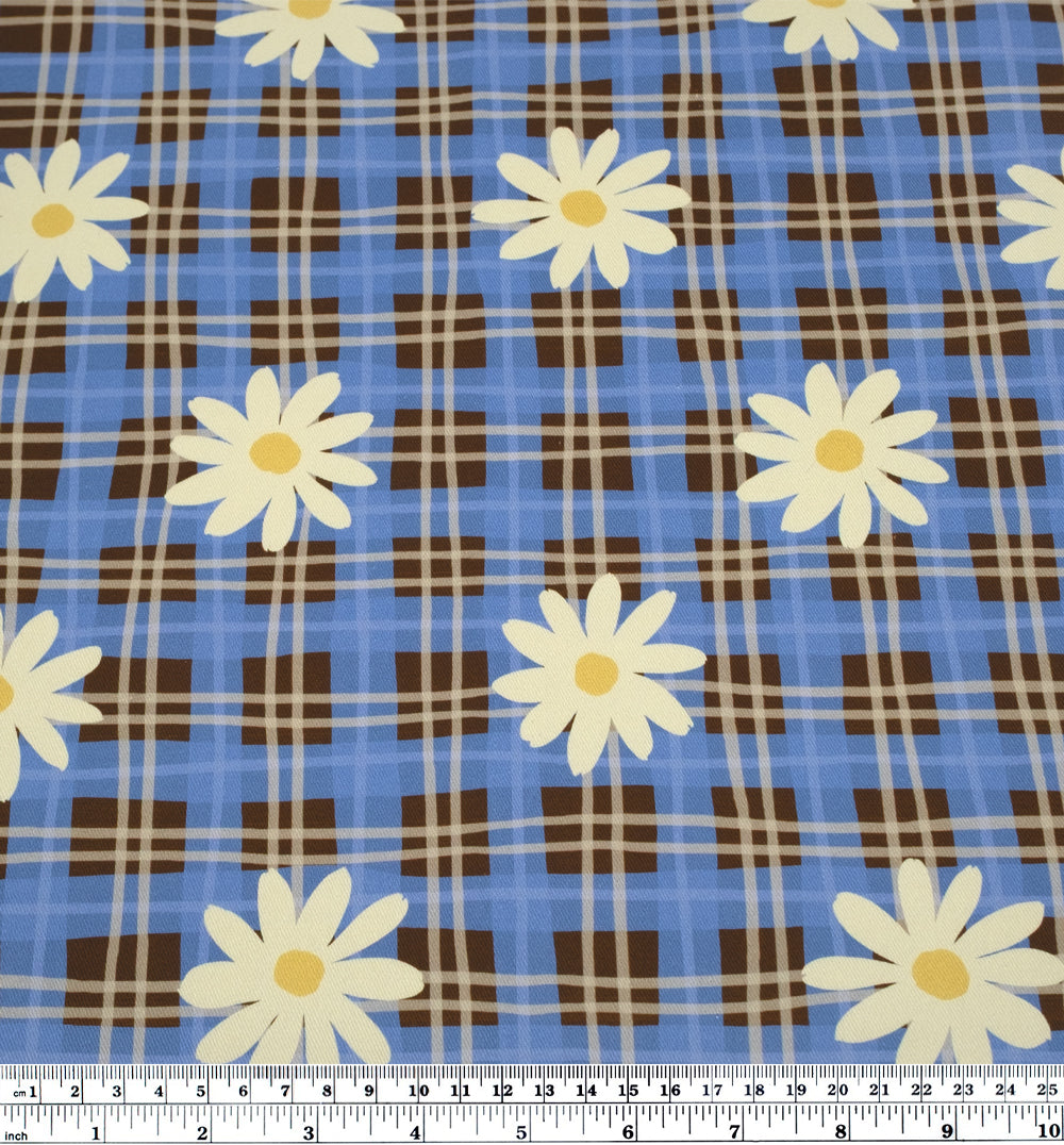 Spring Fling Printed Cotton Twill - Chocolate/Cornflower | Blackbird Fabrics