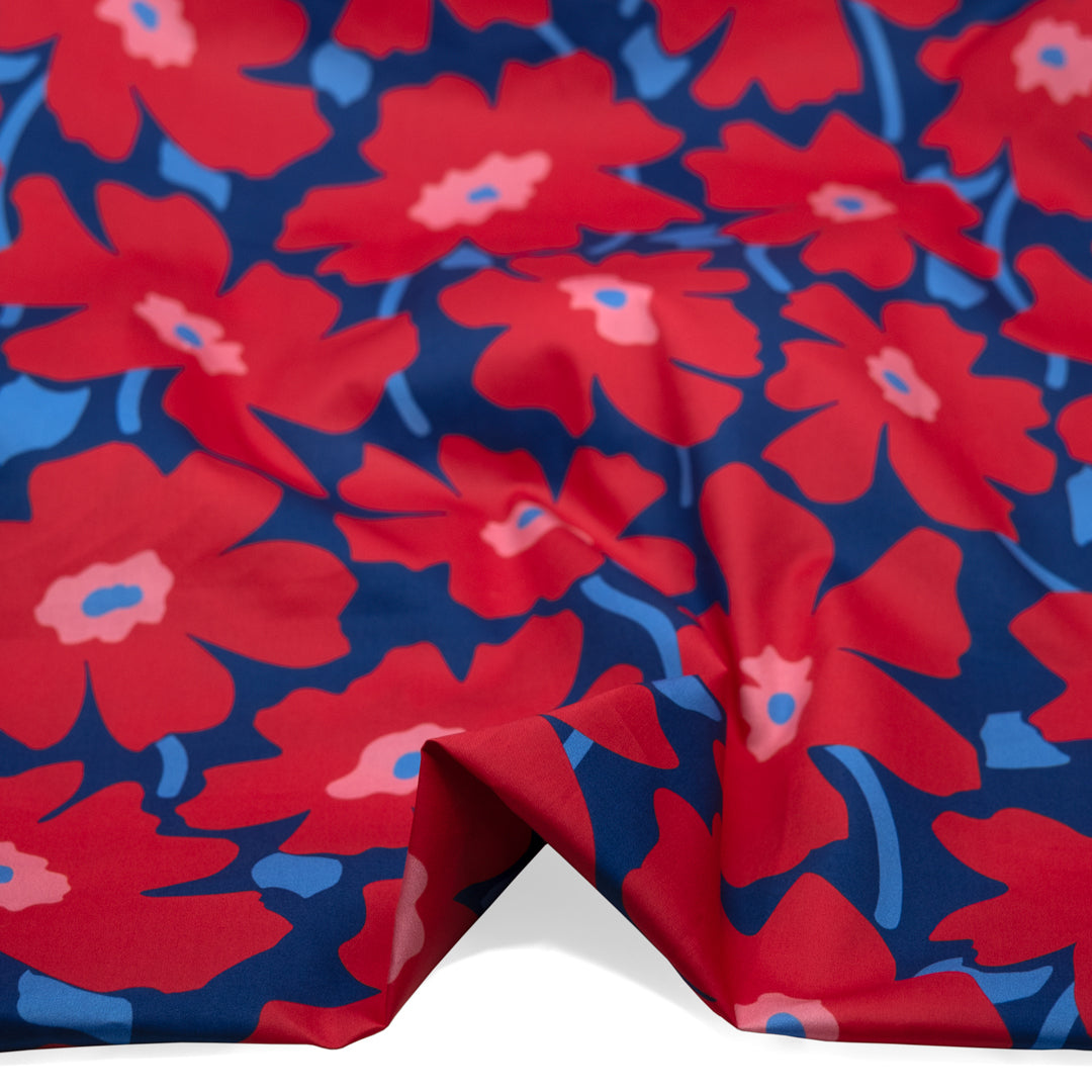 Poppy Field Cotton Twill Shirting - Denim/Poppy | Blackbird Fabrics