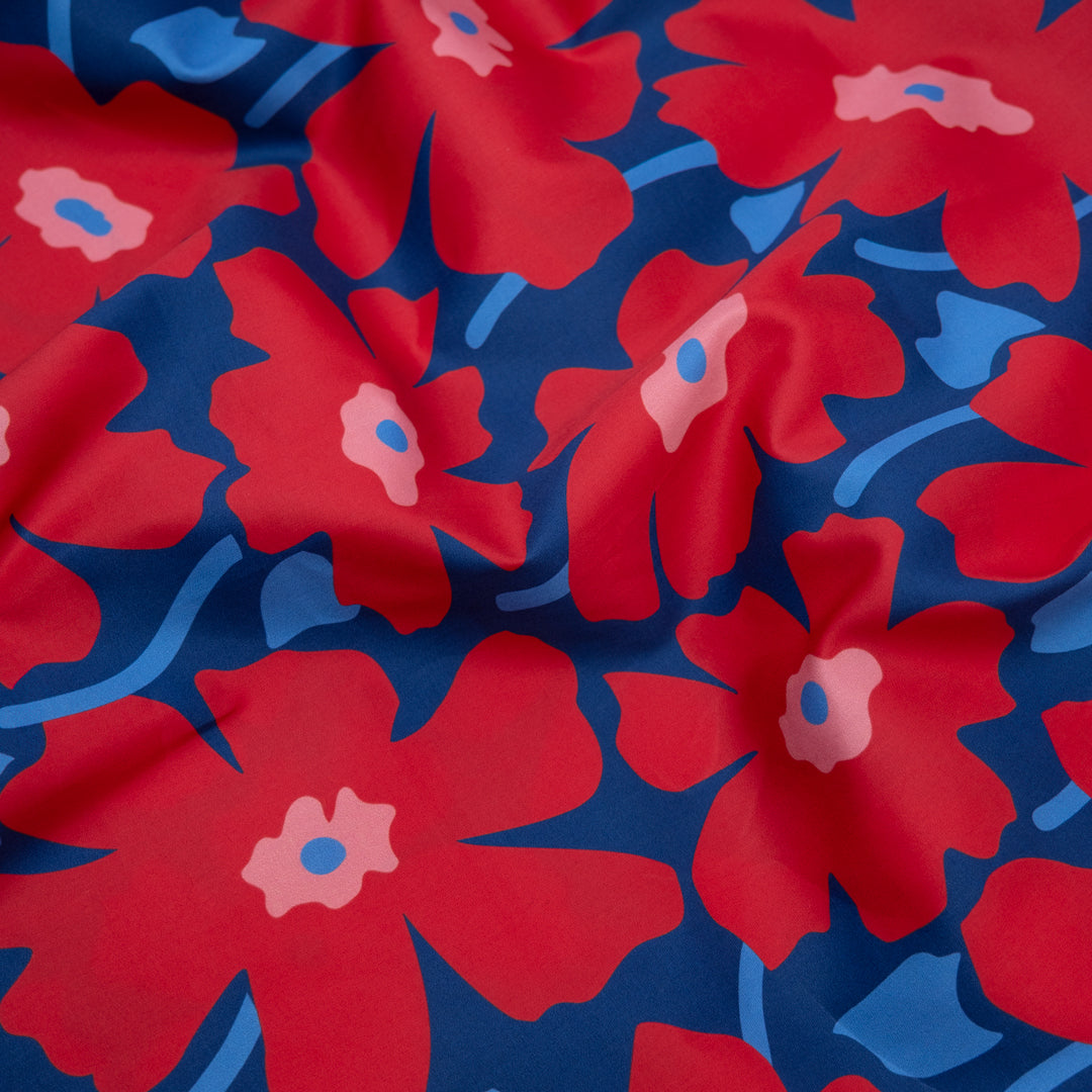 Poppy Field Cotton Twill Shirting - Denim/Poppy | Blackbird Fabrics