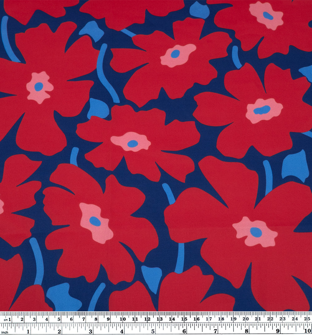 Poppy Field Cotton Twill Shirting - Denim/Poppy | Blackbird Fabrics