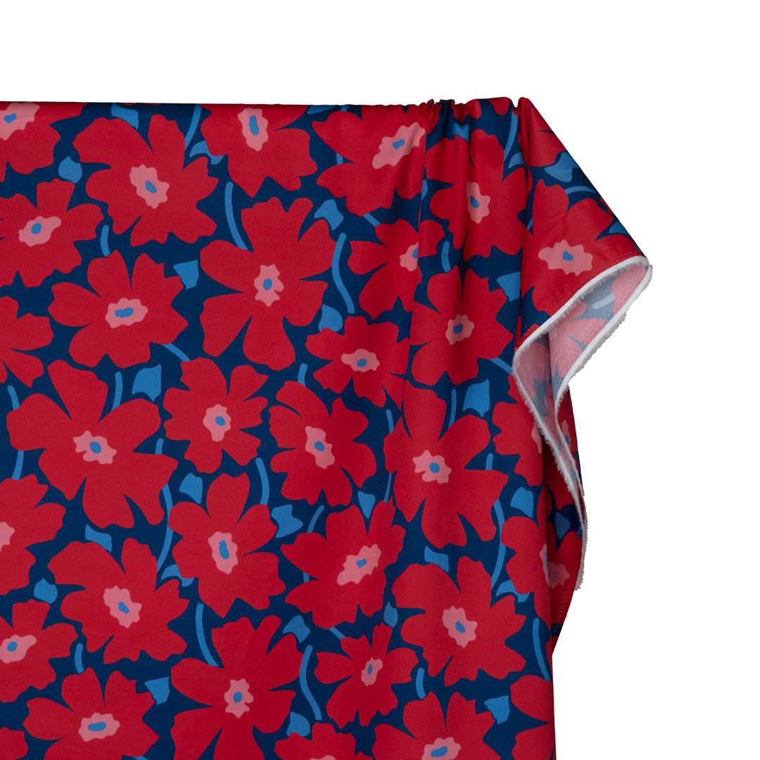 Poppy Field Cotton Twill Shirting - Denim/Poppy | Blackbird Fabrics