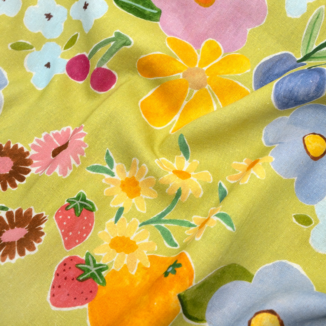 Fruity Floral Linen Viscose Blend - Peashoot/Multi | Blackbird Fabrics