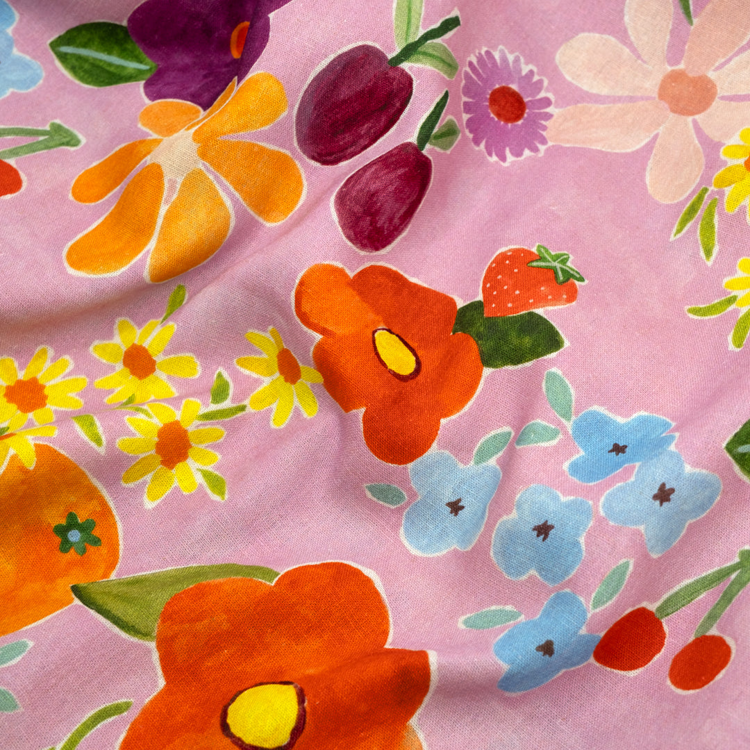 Fruity Floral Linen Viscose Blend - Peony/Multi | Blackbird Fabrics