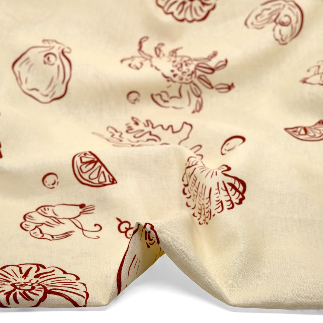 She Sells Seashells Linen Viscose Blend - Ivory/Cranberry | Blackbird Fabrics