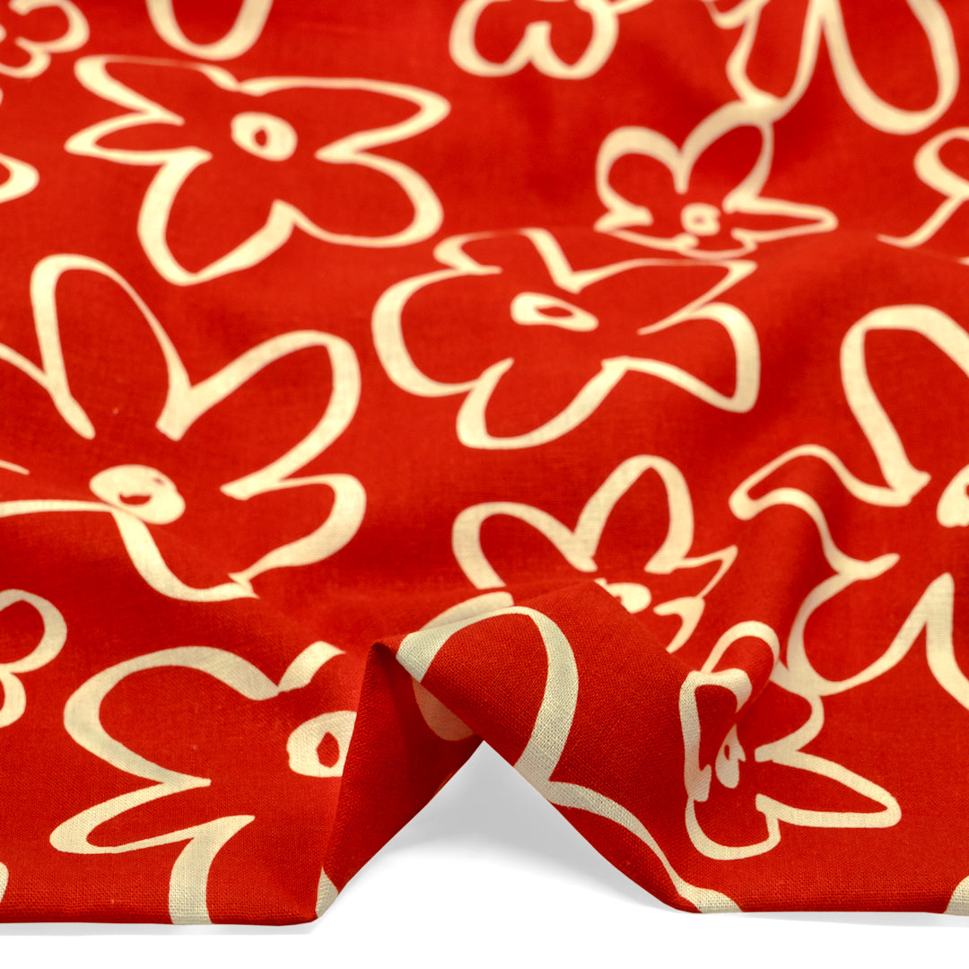 Doodle Daisy Linen Viscose Blend - Fire Red | Blackbird Fabrics