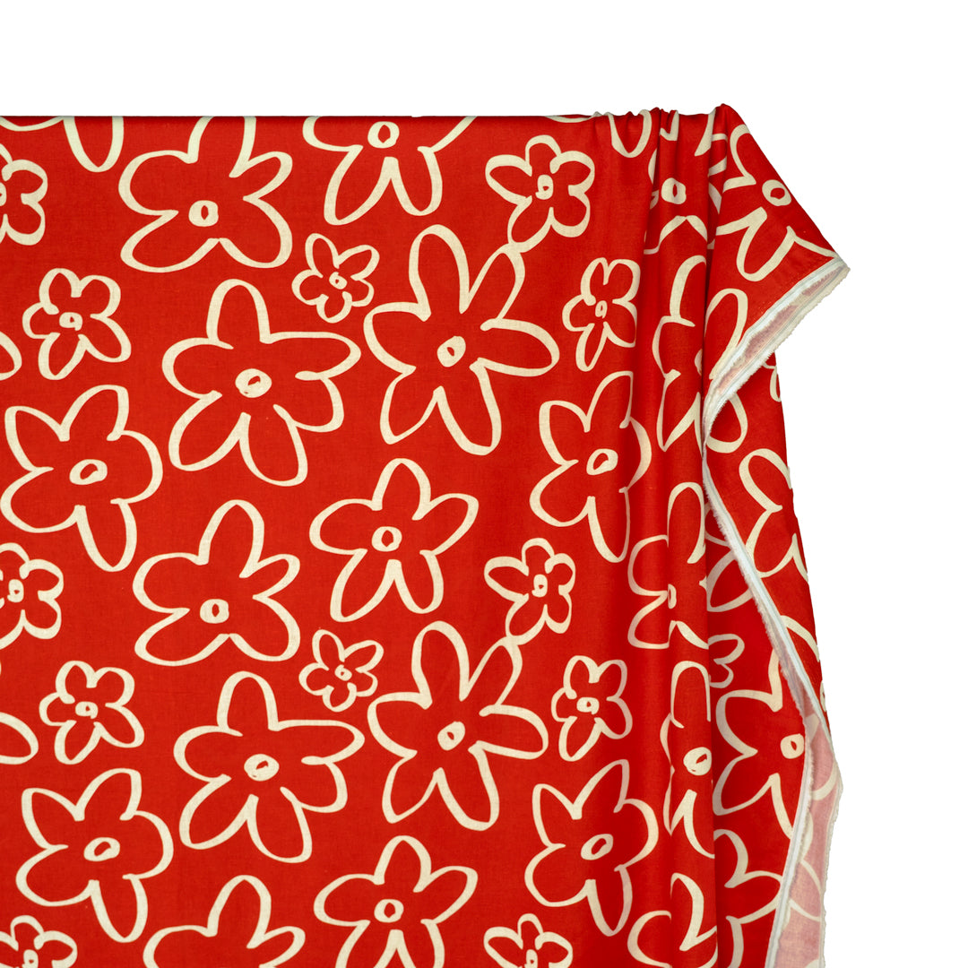 Doodle Daisy Linen Viscose Blend - Fire Red | Blackbird Fabrics