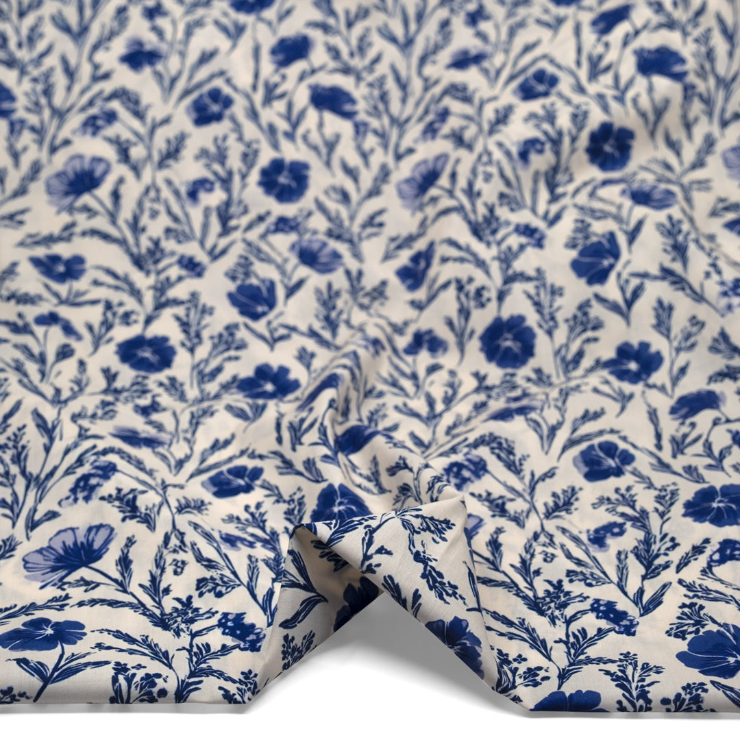 Herbaceous Printed Cotton Lawn - Parchment/Sapphire | Blackbird Fabrics