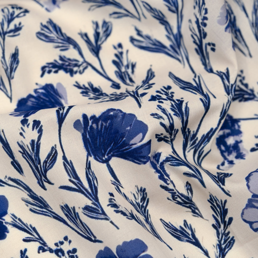 Herbaceous Printed Cotton Lawn - Parchment/Sapphire | Blackbird Fabrics