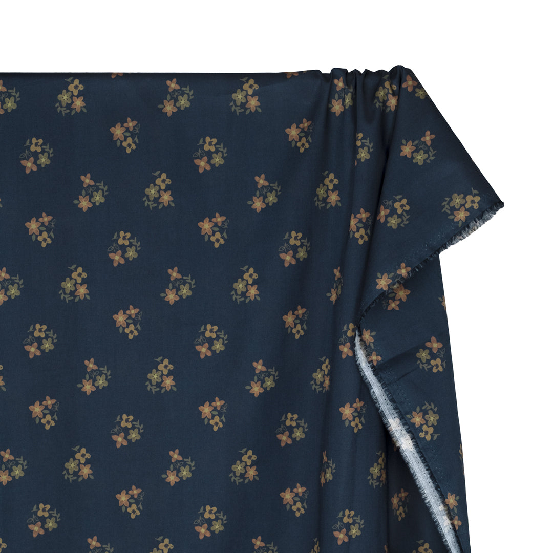 Memento Printed Cotton Lawn - Navy/Elmwood/Apricot | Blackbird Fabrics