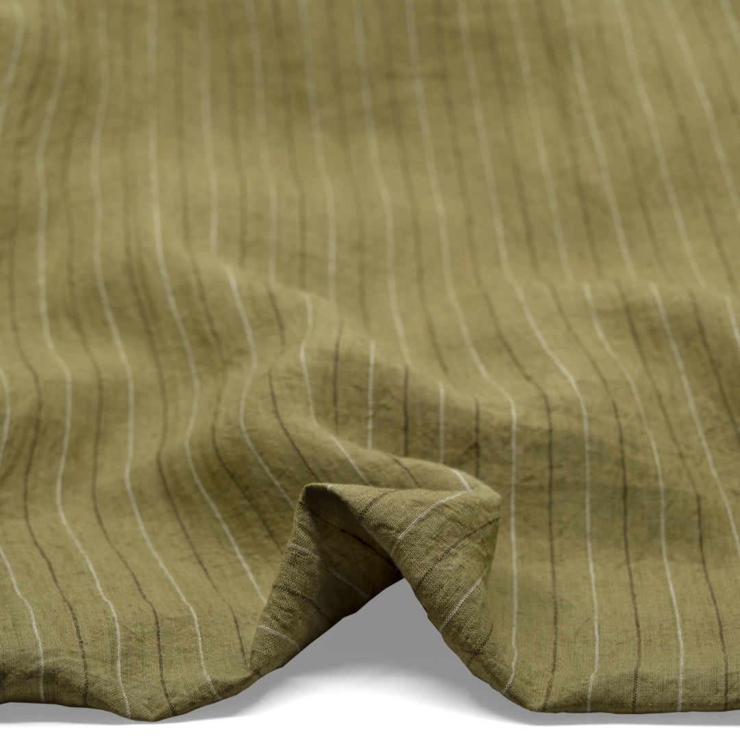 Pinstripe Stonewashed Linen - Green Pea | Blackbird Fabrics