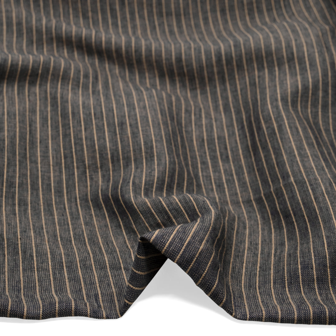 Herringbone Stripe Yarn Dyed Linen Cotton - Midnight Blue/Sand | Blackbird Fabrics