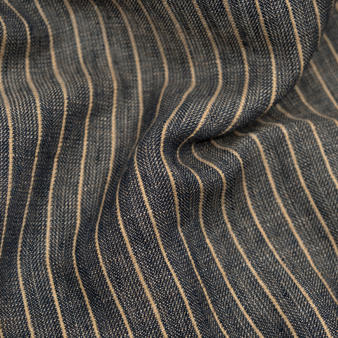 Herringbone Stripe Yarn Dyed Linen Cotton - Midnight Blue/Sand | Blackbird Fabrics