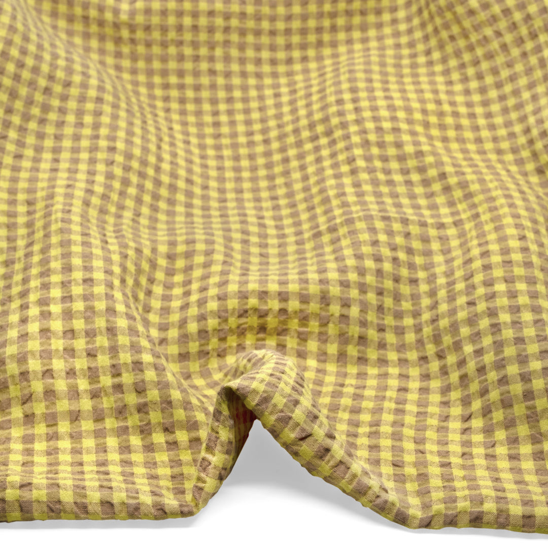 Gingham Linen Rayon Gauze - Limeade/Latte | Blackbird Fabrics