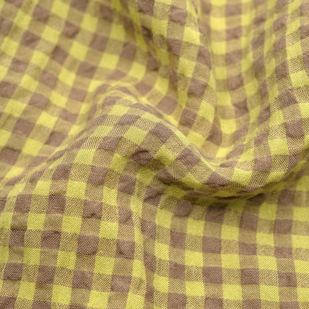 Gingham Linen Rayon Gauze - Limeade/Latte | Blackbird Fabrics