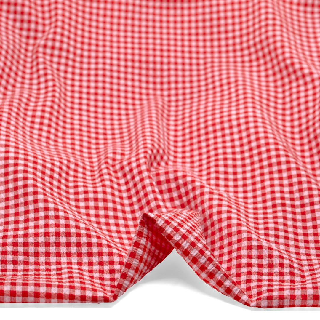 Macaron Mini Gingham Seersucker - Strawberry Shortcake | Blackbird Fabrics