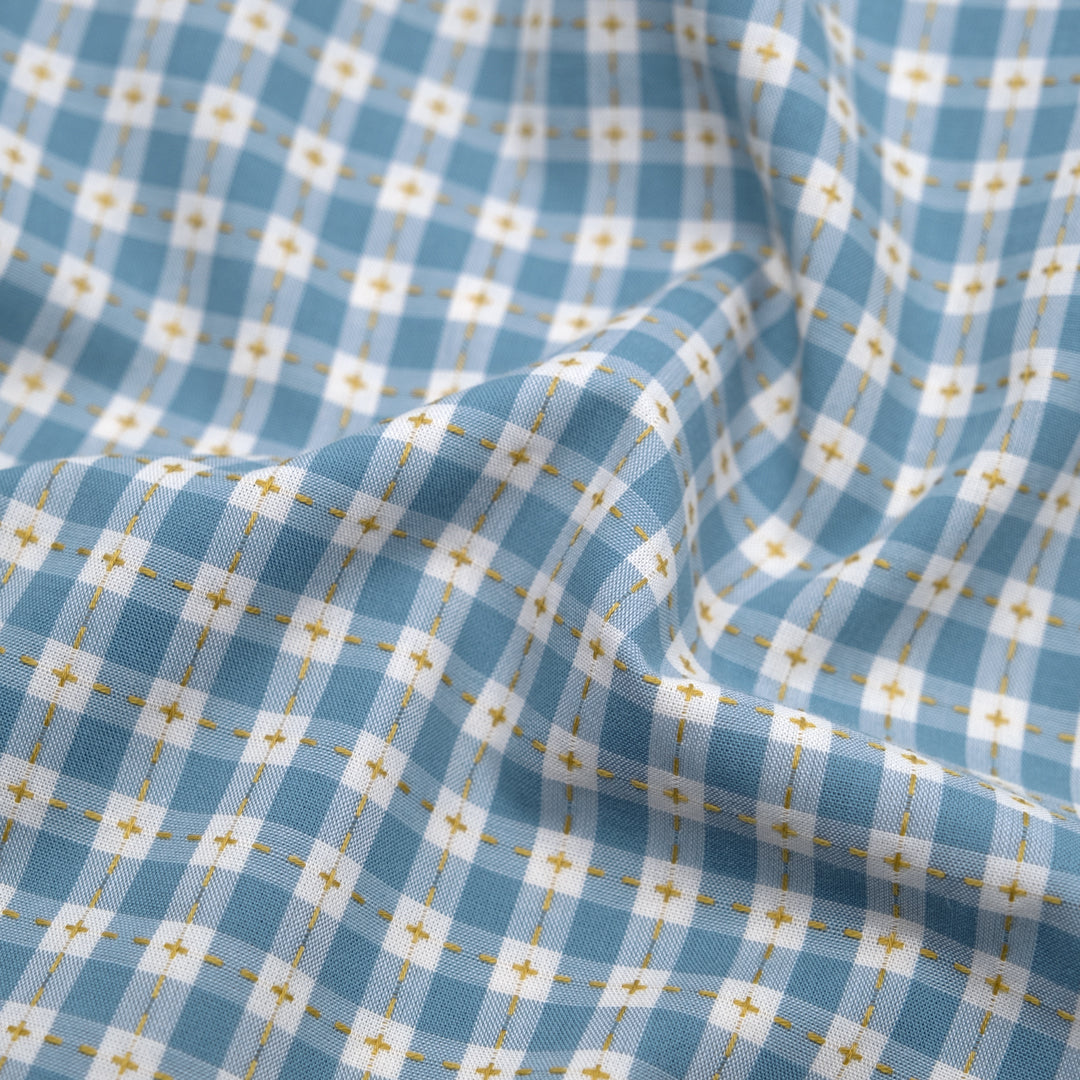 Cross Stitch Check Cotton Shirting - Pond/Buttercup | Blackbird Fabrics