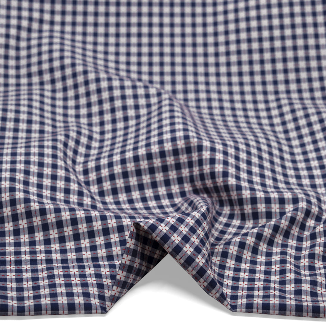 Cross Stitch Check Cotton Shirting - Navy/Chili Pepper | Blackbird Fabrics