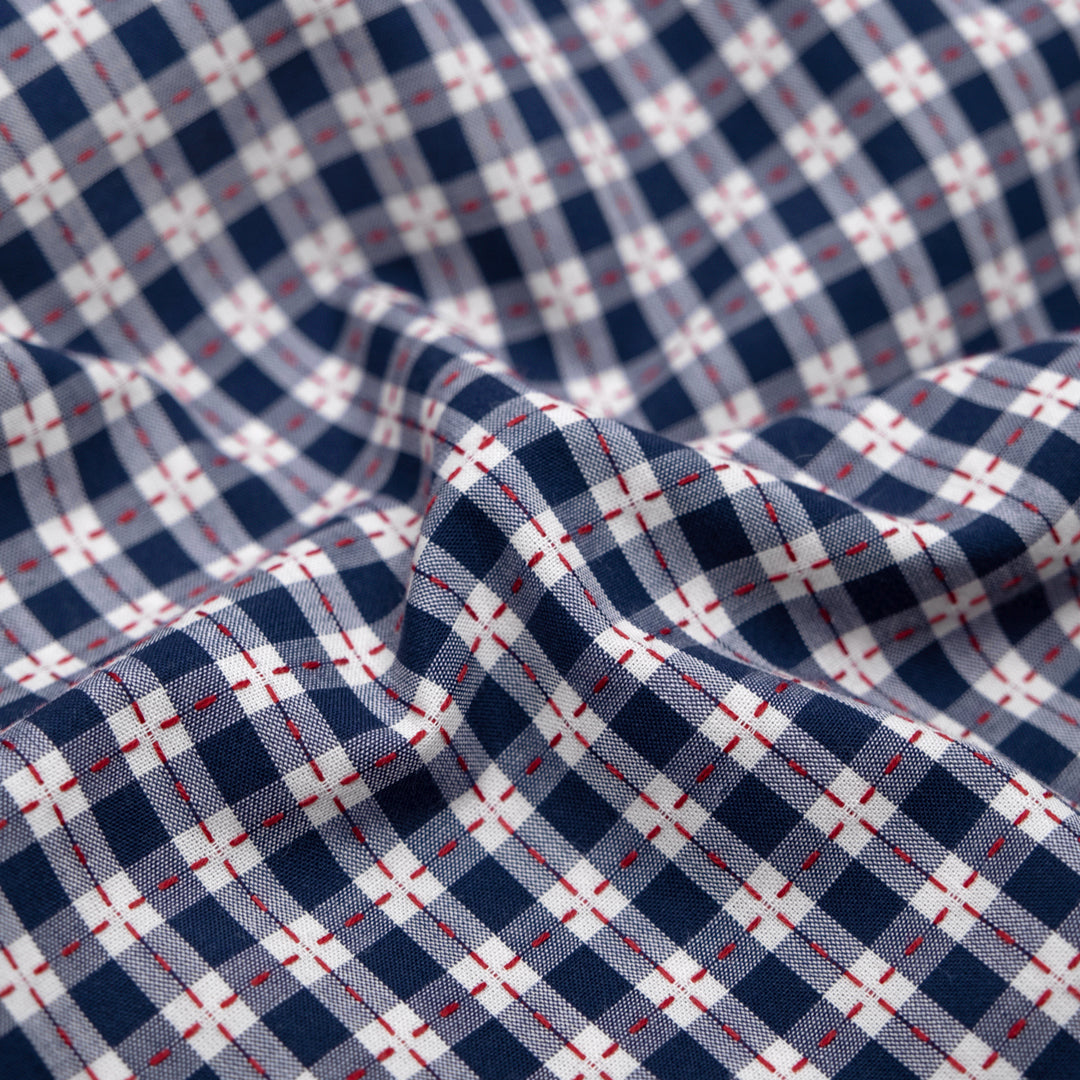 Cross Stitch Check Cotton Shirting - Navy/Chili Pepper | Blackbird Fabrics
