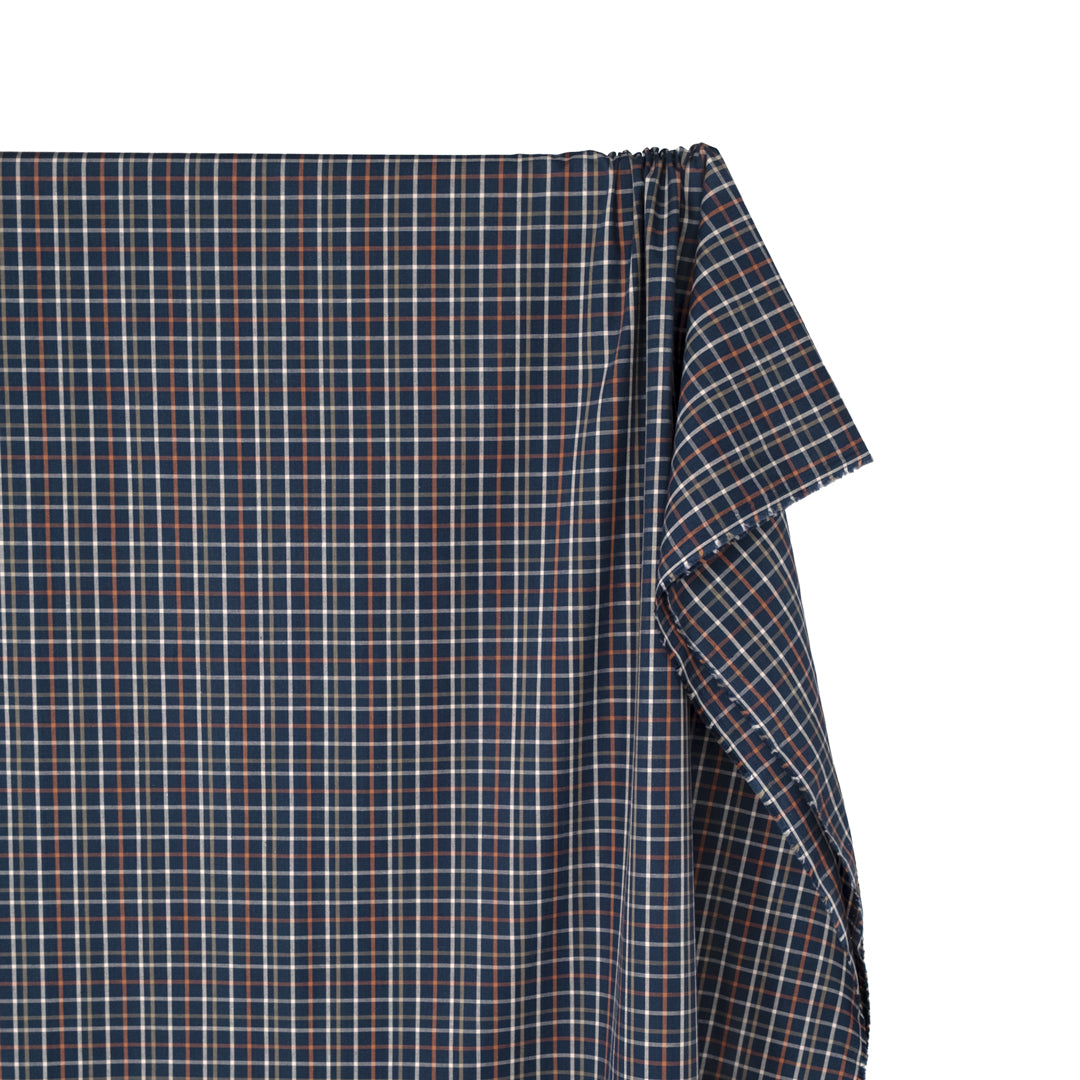 Camper Plaid Cotton Shirting - Navy/Tangerine/Ecru | Blackbird Fabrics
