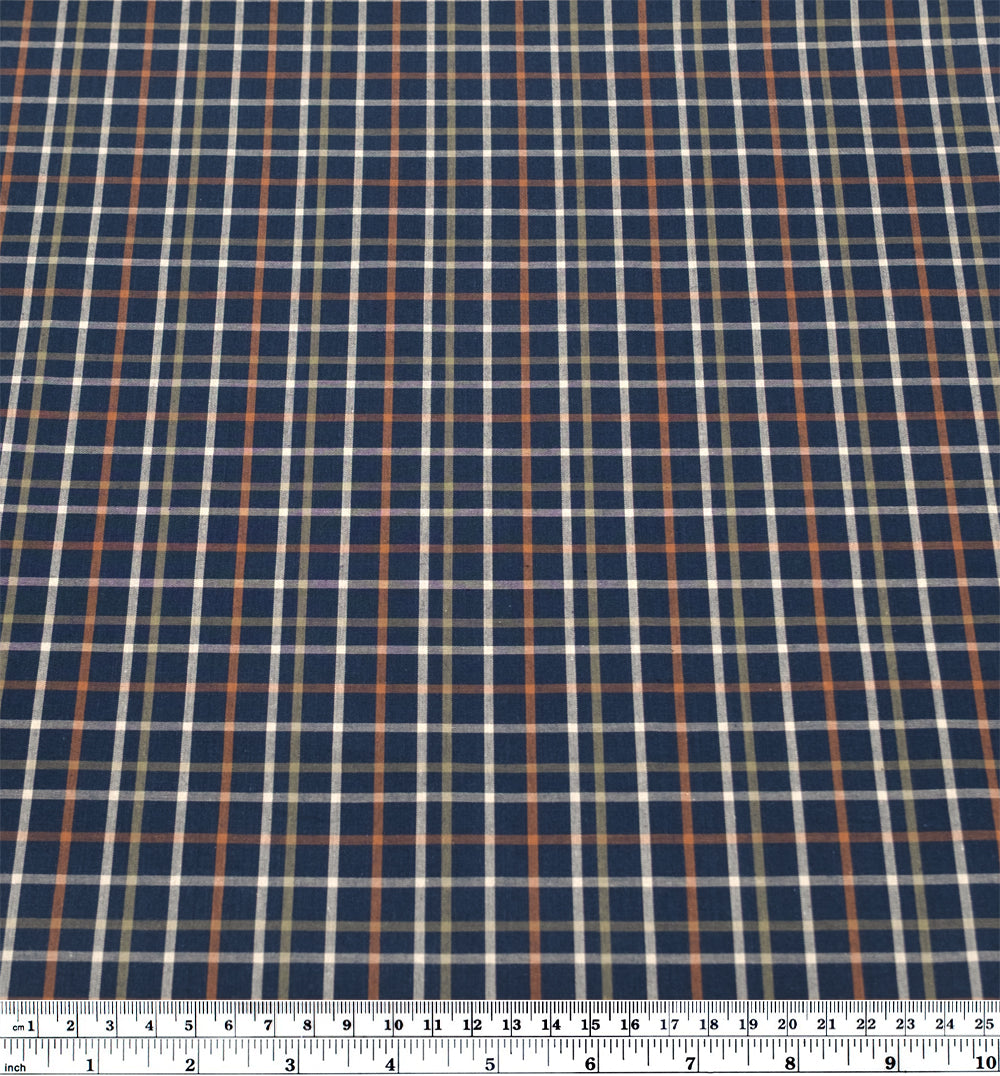 Camper Plaid Cotton Shirting - Navy/Tangerine/Ecru | Blackbird Fabrics