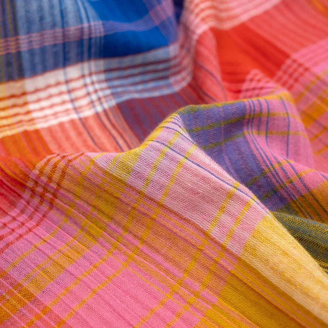 Tutti Frutti Plaid Crinkle Cotton Gauze - Taffy/Lapis/Multi | Blackbird Fabrics