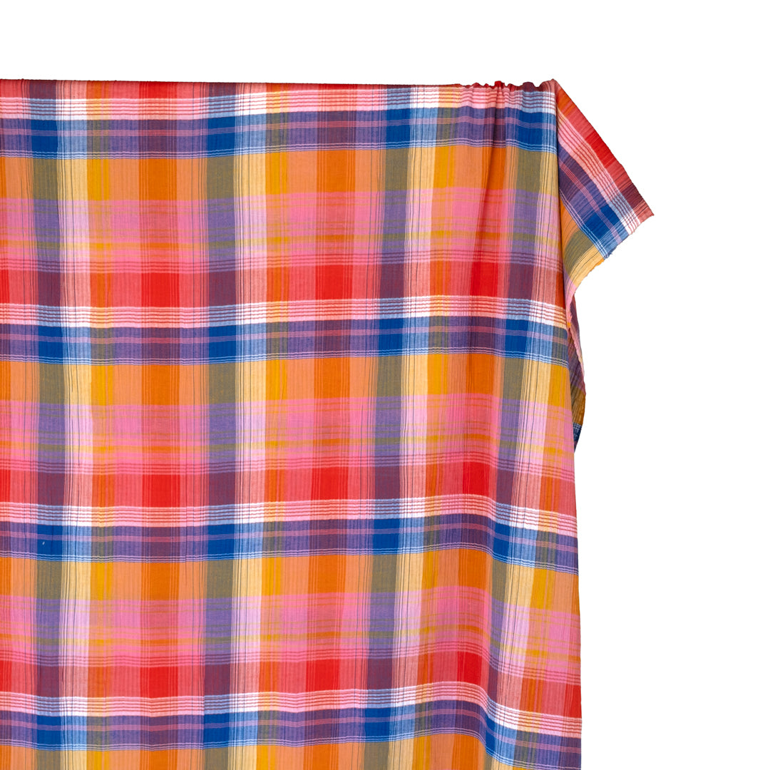 Tutti Frutti Plaid Crinkle Cotton Gauze - Taffy/Lapis/Multi | Blackbird Fabrics