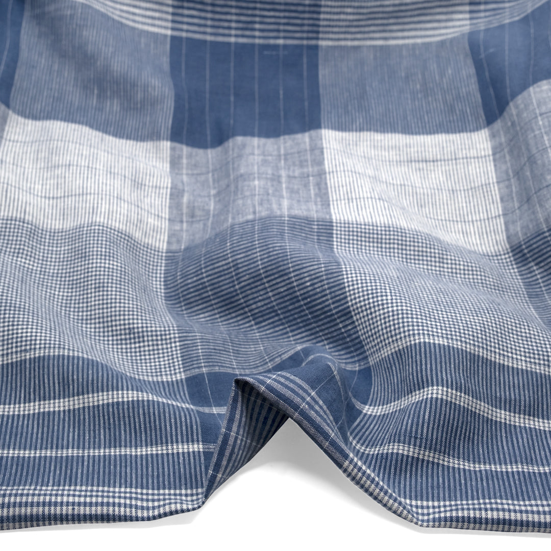 Plaid Yarn Dyed Linen Cotton - Pacific/White | Blackbird Fabrics