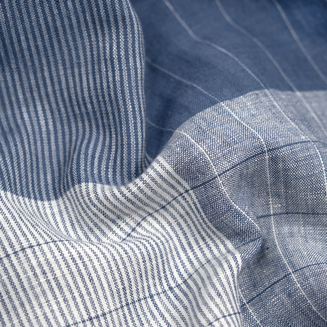 Plaid Yarn Dyed Linen Cotton - Pacific/White | Blackbird Fabrics