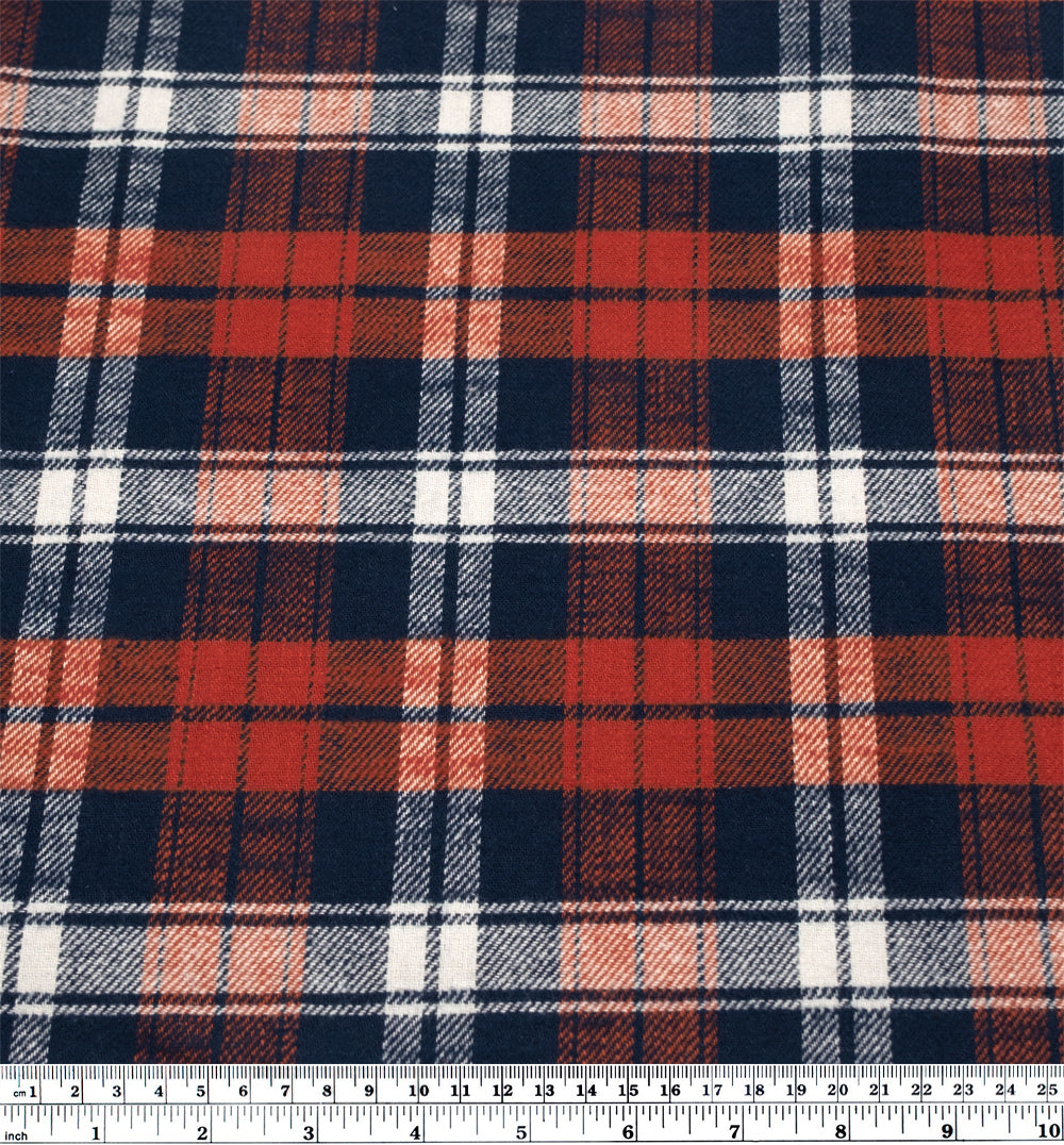 Cabin Plaid Midweight Cotton Flannel - Dark Denim/Pumpkin/White | Blackbird Fabrics