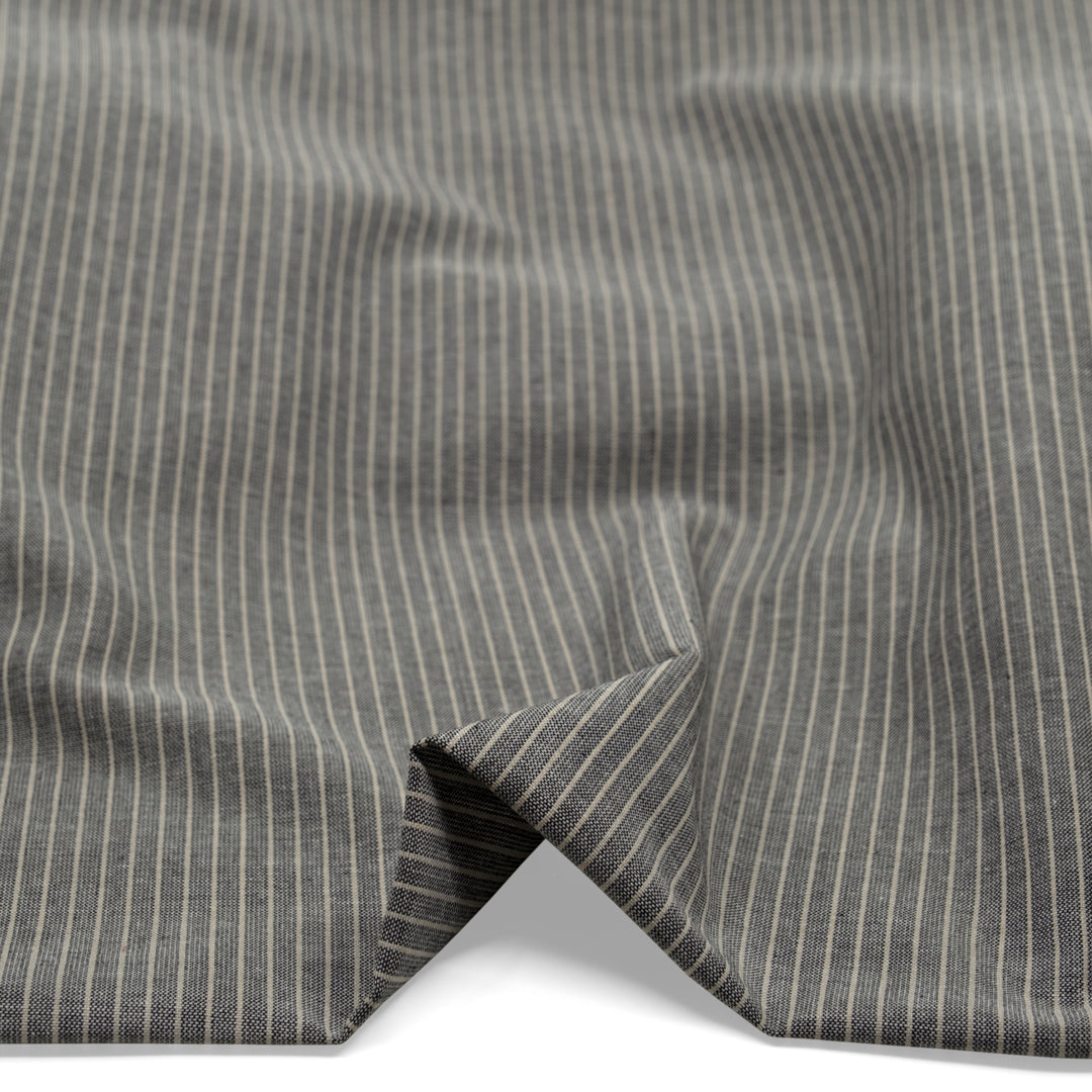 Beachside Stripe Cotton Linen Chambray - Black/Pebble | Blackbird Fabrics