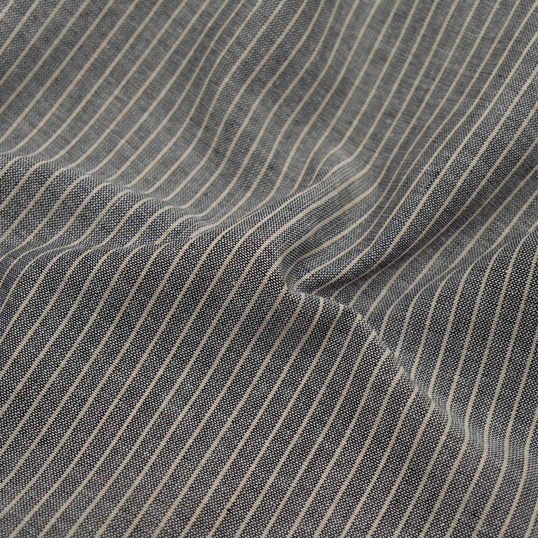 Beachside Stripe Cotton Linen Chambray - Black/Pebble | Blackbird Fabrics
