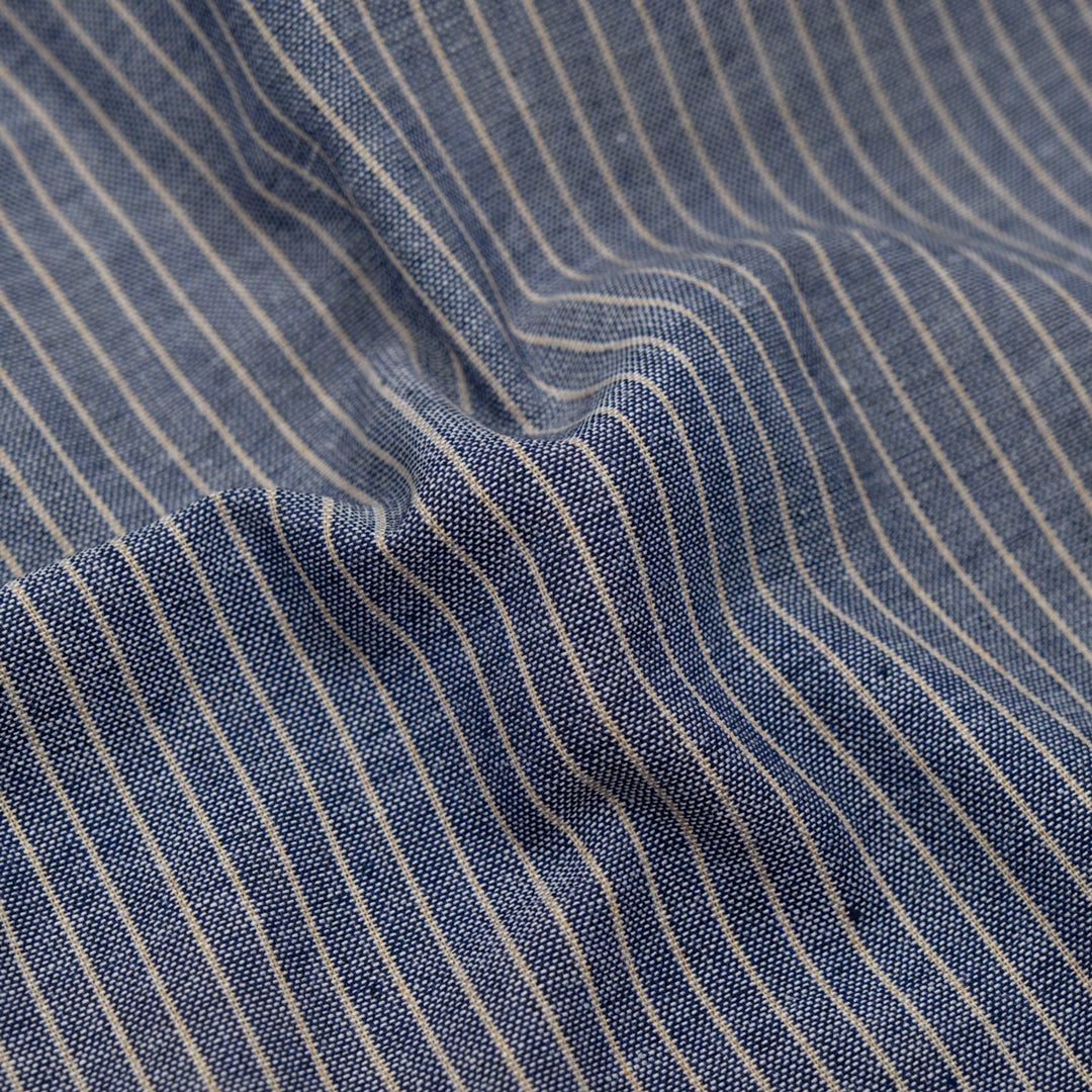 Beachside Stripe Cotton Linen Chambray - Navy/Pebble | Blackbird Fabrics