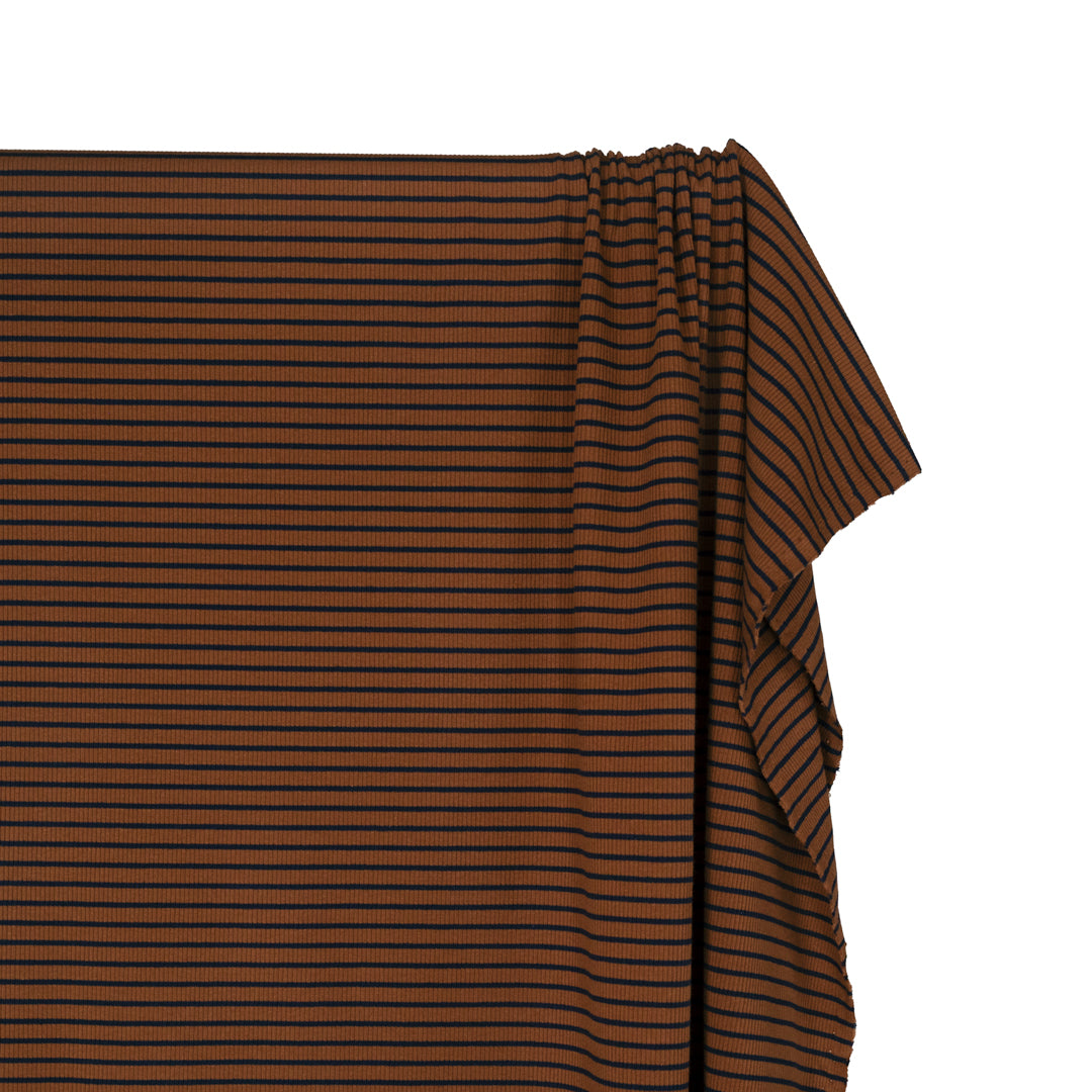 Café Stripe Cotton Rib Knit - Nutmeg/Navy | Blackbird Fabrics