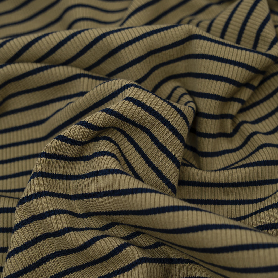 Café Stripe Cotton Rib Knit - Thyme/Navy | Blackbird Fabrics