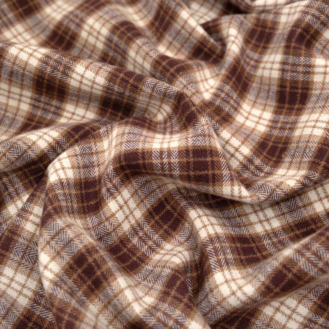 Fireside Plaid Cotton Flannel Shirting - Ivory/Maroon/Cork | Blackbird Fabrics