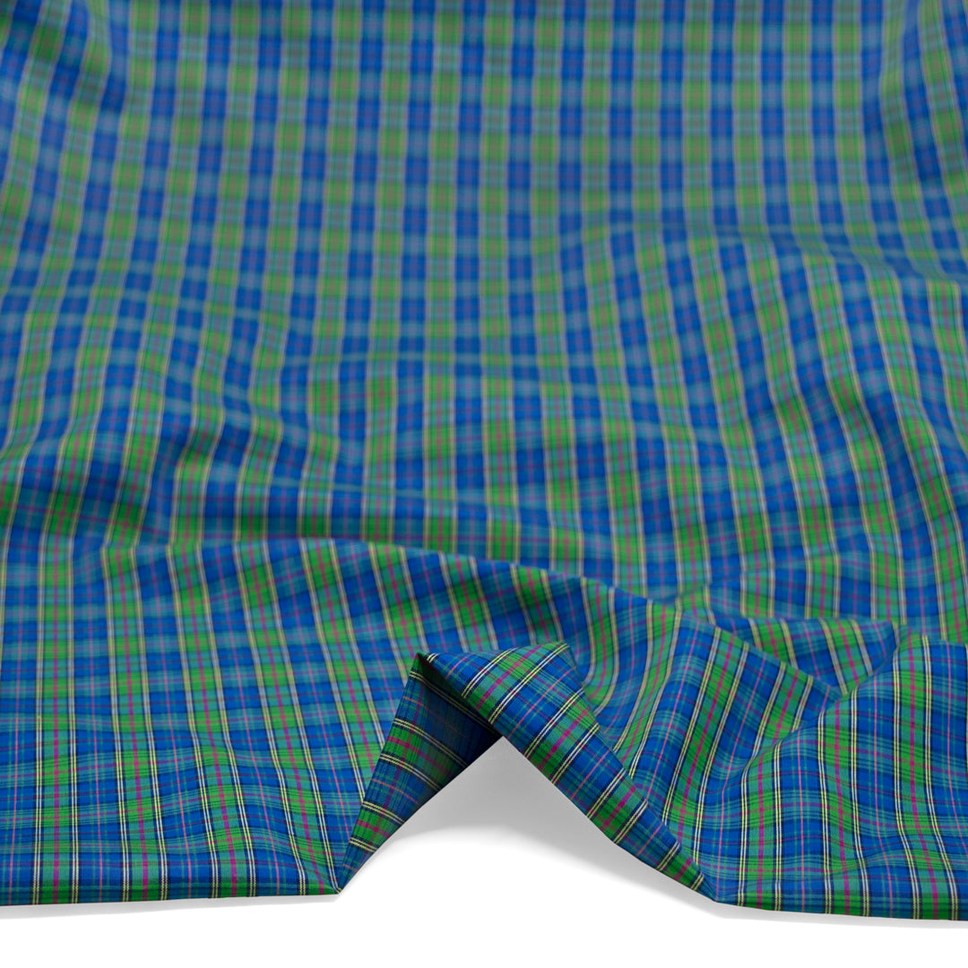 Deadstock Plaid Cotton Shirting - Cerulean/Grass | Blackbird Fabrics